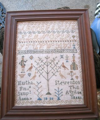 NORES - MAN AND WOMAN IN PERIOD DRESS - CHARMING FOLK ART 1838 SAMPLER w3/HEARTS 3