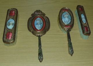 Antique French Dresser Set Dore Bronze Hand Painted Portraits