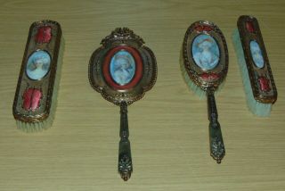 ANTIQUE FRENCH Dresser Set DORE BRONZE Hand Painted PORTRAITS 2