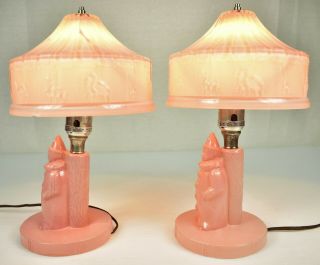 Pair - Antique 1920 ' s Pink Glass Circus / Clown Lamps w/ Carousel Animal Shades 3