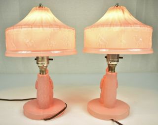 Pair - Antique 1920 ' s Pink Glass Circus / Clown Lamps w/ Carousel Animal Shades 4