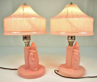 Pair - Antique 1920 ' s Pink Glass Circus / Clown Lamps w/ Carousel Animal Shades 5