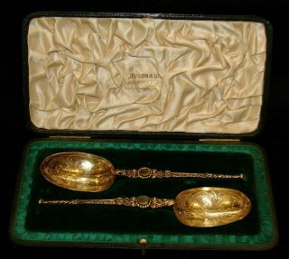 2 Large English 1903 Sterling Silver Gold Wash Anointing Spoons King Edward Vii