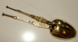 2 LARGE ENGLISH 1903 STERLING SILVER GOLD WASH ANOINTING SPOONS KING EDWARD VII 7