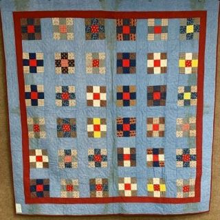 Americana Pa C 1900s Nine Patch Quilt Antique Indigo Blue Red W/note