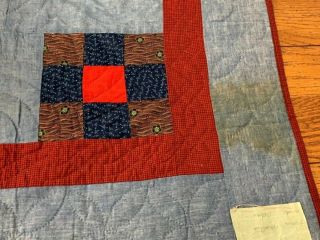 Americana PA c 1900s Nine Patch QUILT Antique Indigo Blue RED w/note 9