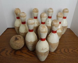 Vtg Ten Solid Wood Wooden 9 1/4 " Tall Bowling Pins & One Wooden Ball