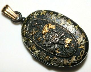 Rare Antique Japanese Shakudo Locket Mixed Metal 14k Gold Bird Flower,  46.  7 Gram