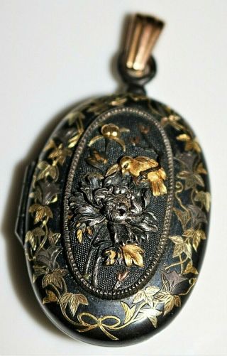 Rare Antique Japanese Shakudo Locket Mixed Metal 14k Gold Bird Flower,  46.  7 Gram 4
