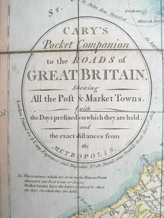 1804 Cary ' s MAP of England Wales Scotland GREAT BRITAIN Pocket Companion Roads 2