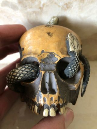 Antique Japanese Meiji Carved Wood Skull Snake Inkwell Mori Box Tobacco
