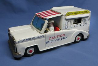 Vintage Cragstan Tin Litho Friction Ice Cream Truck With Rotating Sign