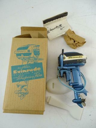 Vintage Miniature Evinrude Outboard Model Motor Engine Big Twin Blue W/box Old