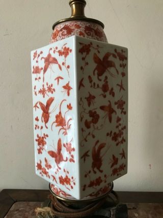 Chinese Antique Iron Red Porcelain Square Vase With Butterflies & Flowers Lamp
