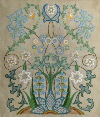 Art Nouveau Hand Embroidered Picture Panel Jacobean Cottage Garden Flowers