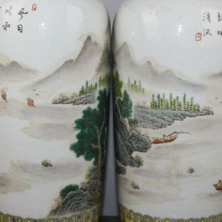 Chinese Old Pair Marked Famille Rose Colored Landscape Pattern Porcelain Vases 6