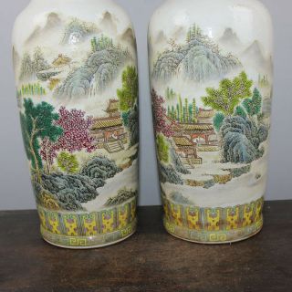 Chinese Old Pair Marked Famille Rose Colored Landscape Pattern Porcelain Vases 7