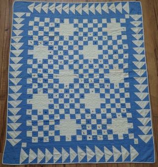 Vintage c1930 Blue & White Irish Chain Baby Crib QUILT 50x40 8