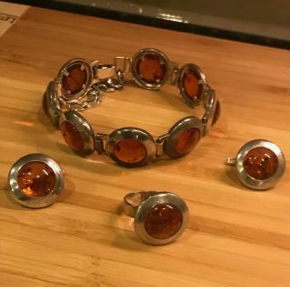 Ukrainian Silver & Spangled Amber Ring Bracelet & Earrings Set 18th Century Rare
