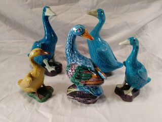 Five Antique Chinese/japanese Porcelain Polychrome Turquoise Glaze Ducks Statues