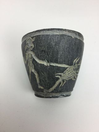 Antique American Indian Carved Slate Or Soapstone Cup Fighting Alien Creature