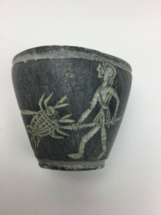 Antique American Indian Carved Slate Or Soapstone Cup Fighting Alien Creature 2