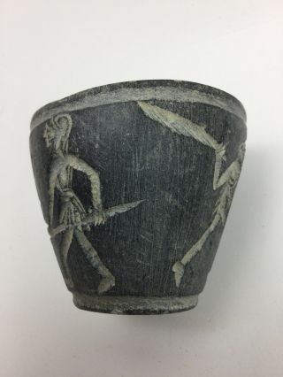 Antique American Indian Carved Slate Or Soapstone Cup Fighting Alien Creature 3