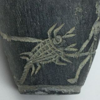 Antique American Indian Carved Slate Or Soapstone Cup Fighting Alien Creature 9