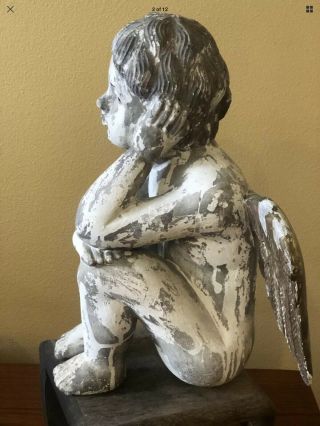 Antique Vintage Large Carved Wood Angel Cherub W/Wings 2