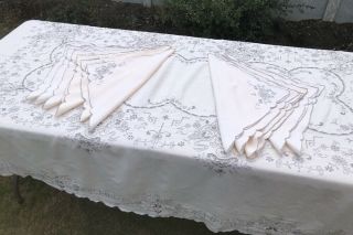 Vintage Ecru Pretty Embroidered Large Tablecloth & 12 Napkins Christmas