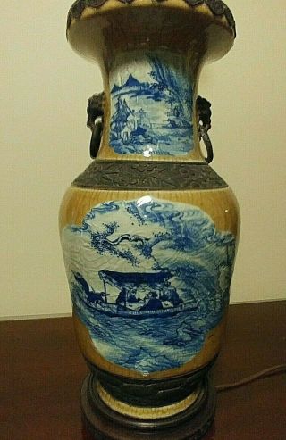 Large Asian Chinese Porcelain Vase & Bronze Mounts Table Lamp - Blue & White