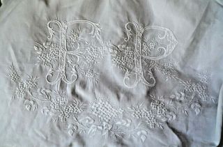 Spectacular French Pure Linen Fil Sheet,  Hand Embroidered Fp Monogram,  96 " Wide