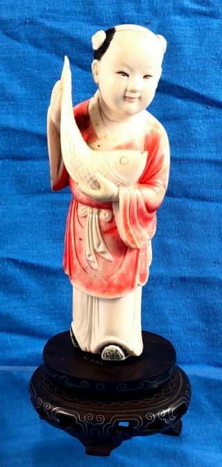 Stunning Chinese Carved Figure On Rosewood Stand,  Holding Fish