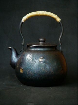 Japanese Antique Copper Teapot Dobin Finish Hammered Pattern Artist Signed