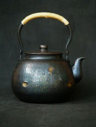 Japanese Antique Copper Teapot Dobin Finish Hammered pattern Artist Signed 2