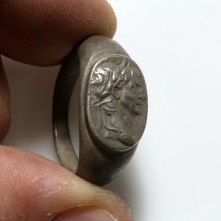 Scarce - Roman Silver Ring With Tiberius Bust Depiction Circa 100 Ad