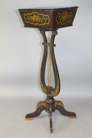 Rare 19th C Boston Classical " Lyre Shaft " Sewing Stand In Paint