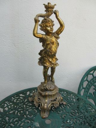 Antique Cast Brass Statue Figurine Victorian Cherub Boy Rococo Leaf Old 20 " H