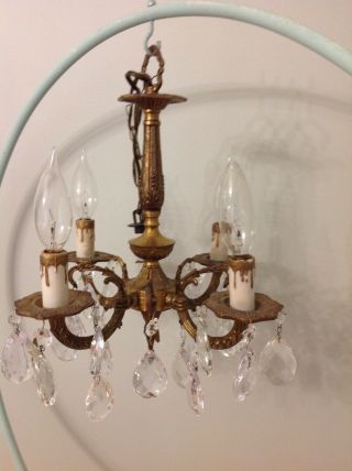 Vtg Ornate birdcage Petite Brass Chandelier shabby cottage crystals light prism 3