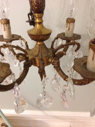 Vtg Ornate birdcage Petite Brass Chandelier shabby cottage crystals light prism 4