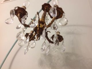 Vtg Ornate birdcage Petite Brass Chandelier shabby cottage crystals light prism 7