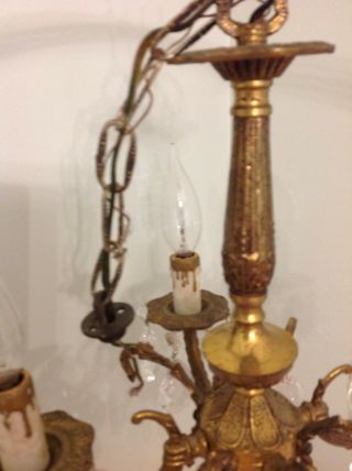 Vtg Ornate birdcage Petite Brass Chandelier shabby cottage crystals light prism 8