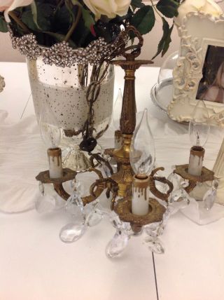 Vtg Ornate birdcage Petite Brass Chandelier shabby cottage crystals light prism 9