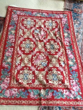 Antique French Wool Petit Point Needlepoint Bed Cover C19th