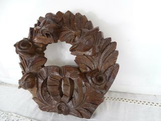 Antique French Hand Carved Wood Oak Pediment - Wreath Of Flowers - Roses