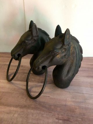 Vintage Old Cast Iron Horse Head W/ Ring Pair Hitching Posts Farm Ranch Rustic