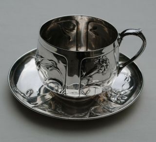 Antique French Sterling Silver Large Cup & Saucer Art Nouveau Flower 363 Grams