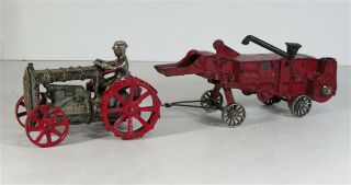 1930s Cast Iron Fordson Farm Tractor & Mccormick Deering Thresher Toy By Arcade