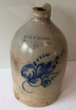 E & L P Norton Antique Stoneware Cobalt Jug Floral Flower Bennington Vermont