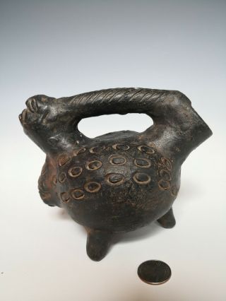 Ancient Pre Columbian Pottery Blackware Stirrup Vessel Chimu Chancay Figural